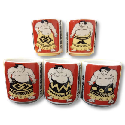 Set of 5 Sake Cups featuring Famous Sumo Wrestlers