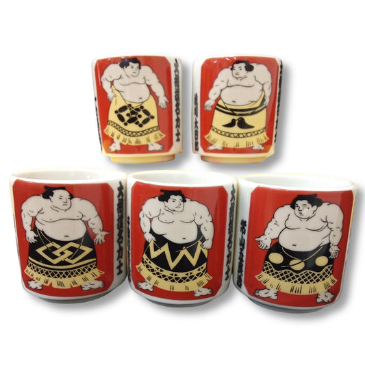 Set of 5 Sake Cups featuring Famous Sumo Wrestlers